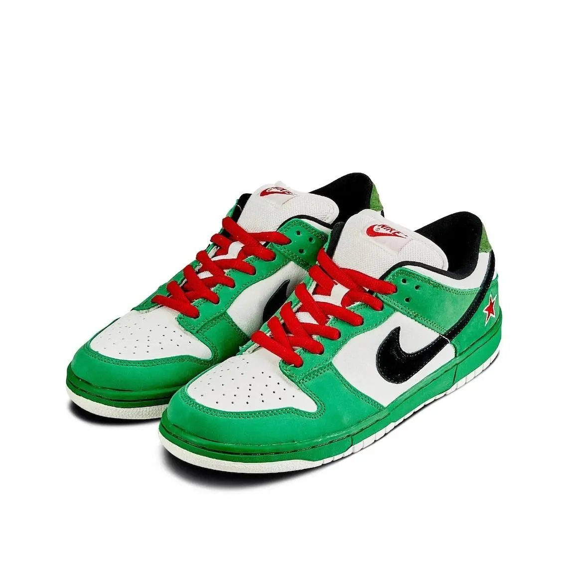 A green and red low-top sneaker with the Heineken beer logo on the heel and a white Nike swoosh on the side.