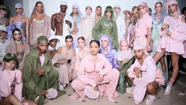 rihanna at the fashion week 2017 with her models showcasing fenty x ouma collection spring 2017