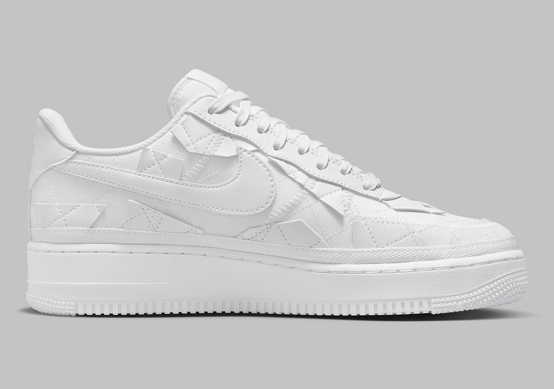 Side view of Billie Eilish x Nike Air Force 1 Low "White" sneakers showing off recycled textile construction