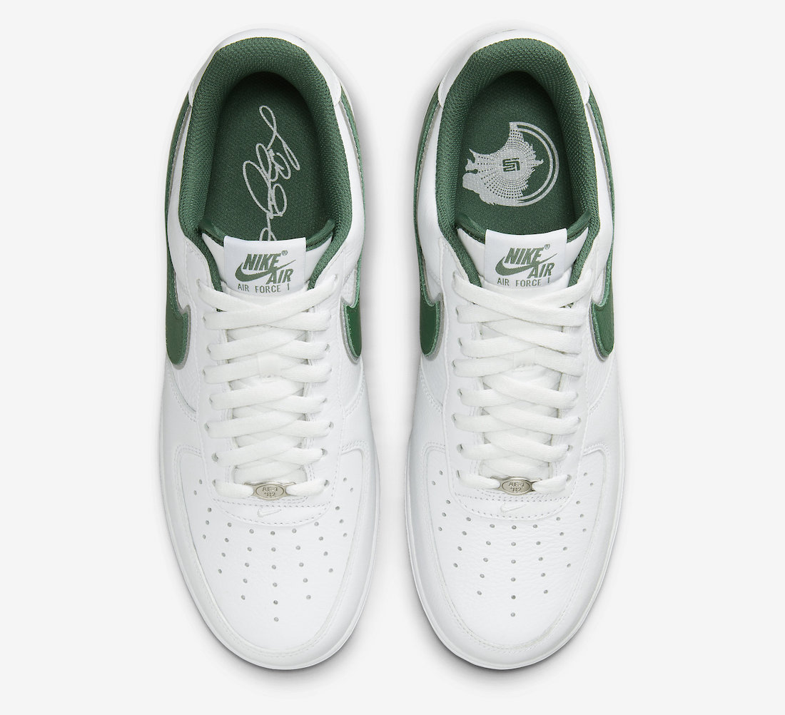 Nike-Air-Force-1-Low-Four-Horsemen-2023-4 Close-up of Nike Air Force 1 'Four Horsemen' sneakers featuring a white tumbled leather upper with Deep Forest Green and Wolf Grey accents, a knight chesspiece design on the lateral heel, and the Nike Swoosh outlined in Wolf Grey.