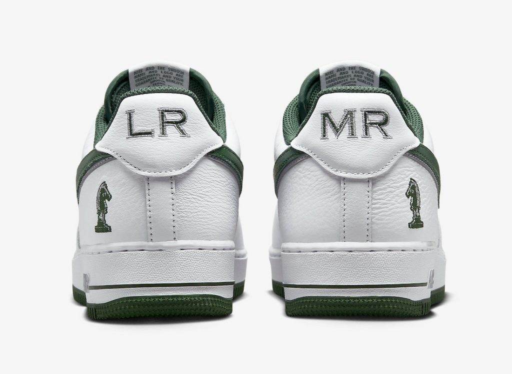 Nike Set to Drop Highly Anticipated Air Force 1 'Four Horsemen' Sneakers 2 Nike Air Force 1 'Four Horsemen' sneakers with a white tumbled leather upper, Deep Forest Green and Wolf Grey accents, and a unique knight chesspiece design on the lateral heel.