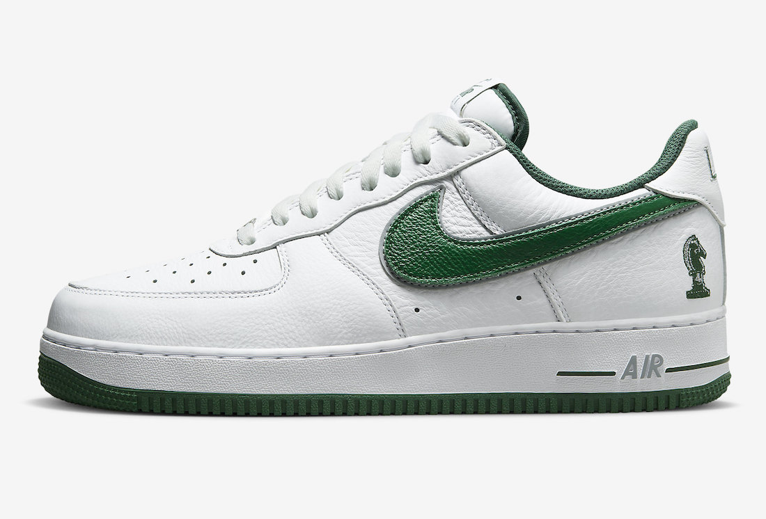 Nike-Air-Force-1-Low-Four-Horsemen-2023-lateral-side Close-up of Nike Air Force 1 'Four Horsemen' sneakers featuring a white tumbled leather upper with Deep Forest Green and Wolf Grey accents, a knight chesspiece design on the lateral heel, and the Nike Swoosh outlined in Wolf Grey.