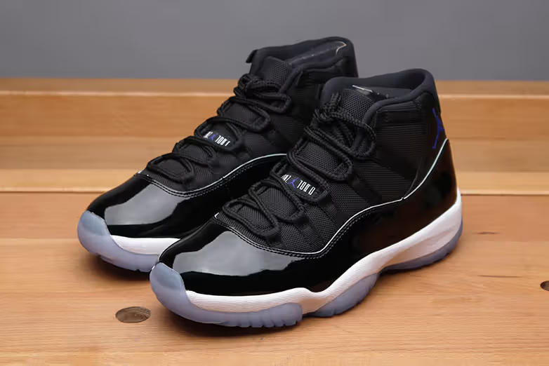 Iconic Air Jordan XI "Space Jam" sneakers, associated with Michael Jordan's role in the 1996 movie, featuring a blend of live-action and animation.