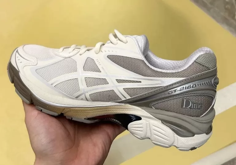 Dime x ASICS GT-2160 Collaboration: Cream and gray sneakers with silver metallic accents. Released exclusively at Dover Street Market for Paris Fashion Week.