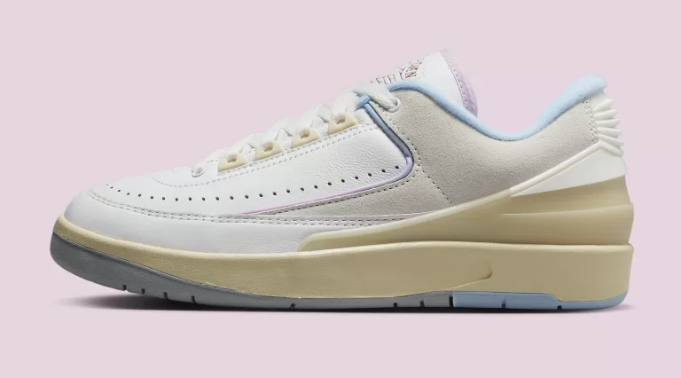 Image featuring the Air Jordan 2 Low "Look, Up In The Air" sneakers in white, gray, and yellow colorway, paying homage to the 1987 print campaign. Release date: June 22.