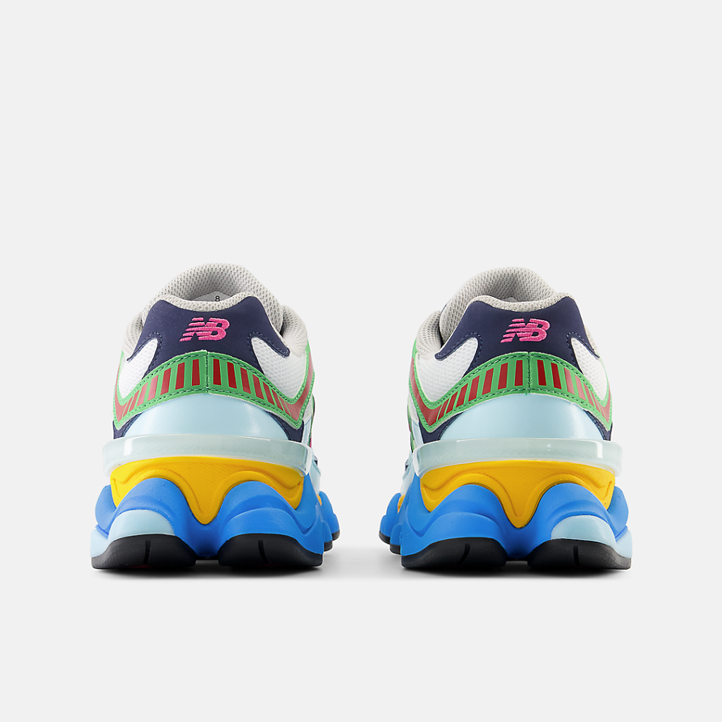 New Balance 9060 sneaker with a multi-colored upper, crafted from mesh and leather materials.