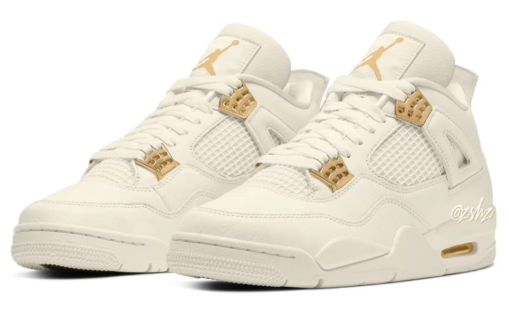 A photo of the Air Jordan 4 WMNS Sail sneaker, a women's-exclusive colorway of the iconic Air Jordan 4 silhouette. The sneaker has a Sail leather upper with metallic gold accents on the tongue branding and Air units. The Nike Air logo is embroidered on the heel in black. The midsole is Sail and the outsole is black. The sneaker is expected to release in March 2024.