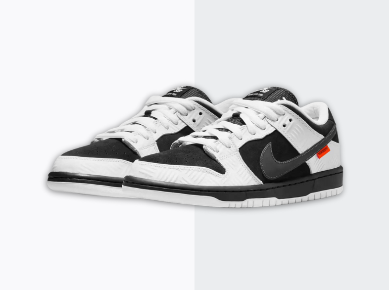 Image of TIGHTBOOTH x Nike SB Dunk Low 'Black' sneakers: A black suede and white leather shoe with orange TIGHTBOOTH branding on the Swoosh and insoles.