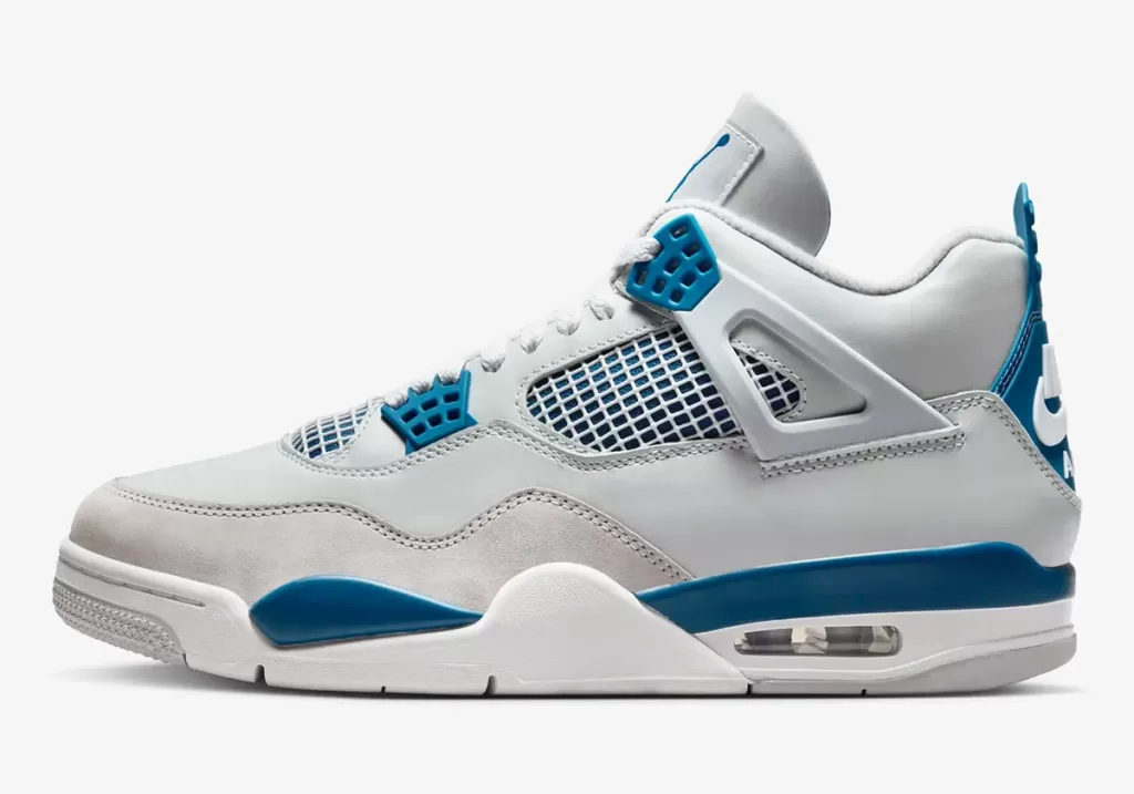 The iconic Air Jordan 4 returns in a "Military Blue" (officially "Industrial Blue") colorway on May 4th, 2024. This full-family release features a clean design with crisp white accents and pops of vibrant blue. 