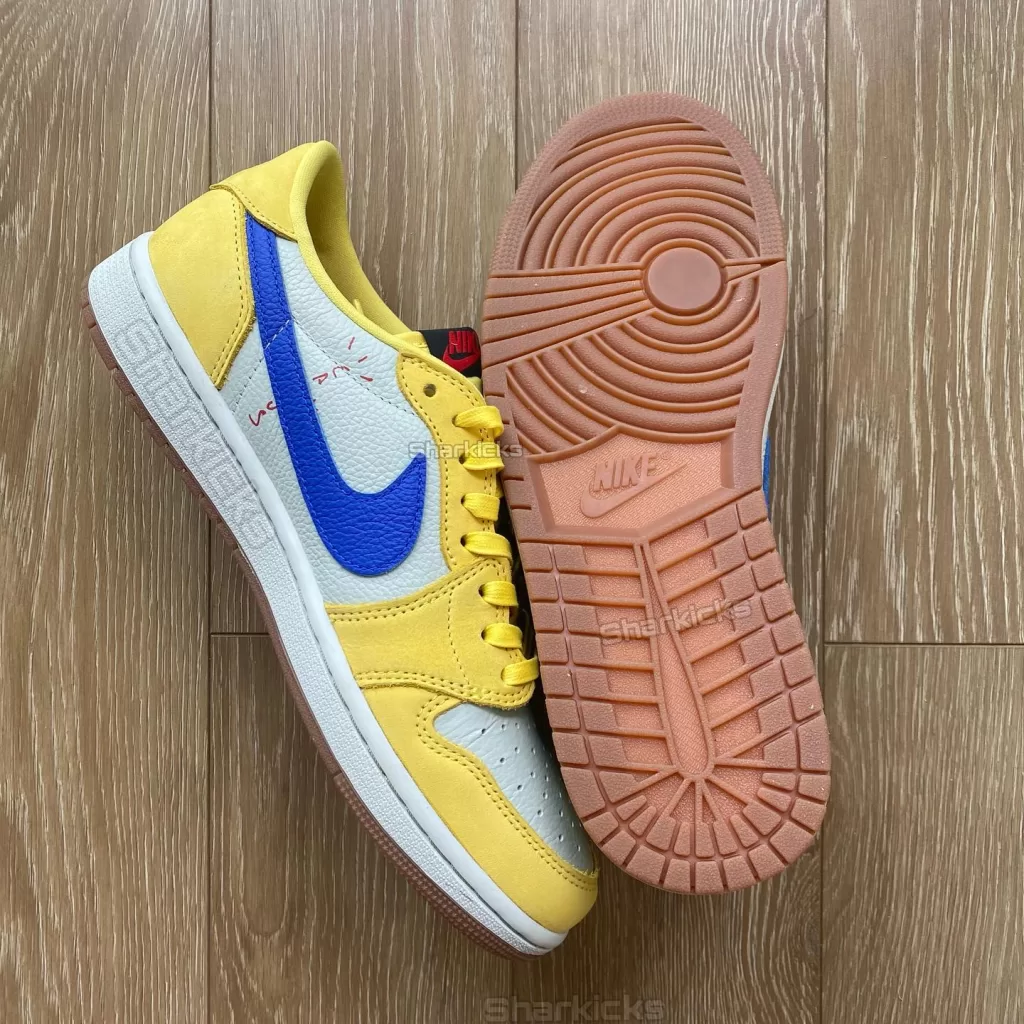 Get ready to soar with the Travis Scott x Air Jordan 1 Low OG "Canary." Inspired by his high school colors, these vibrant kicks land this summer for $150. White base, yellow overlays, blue Swoosh - a must-have!