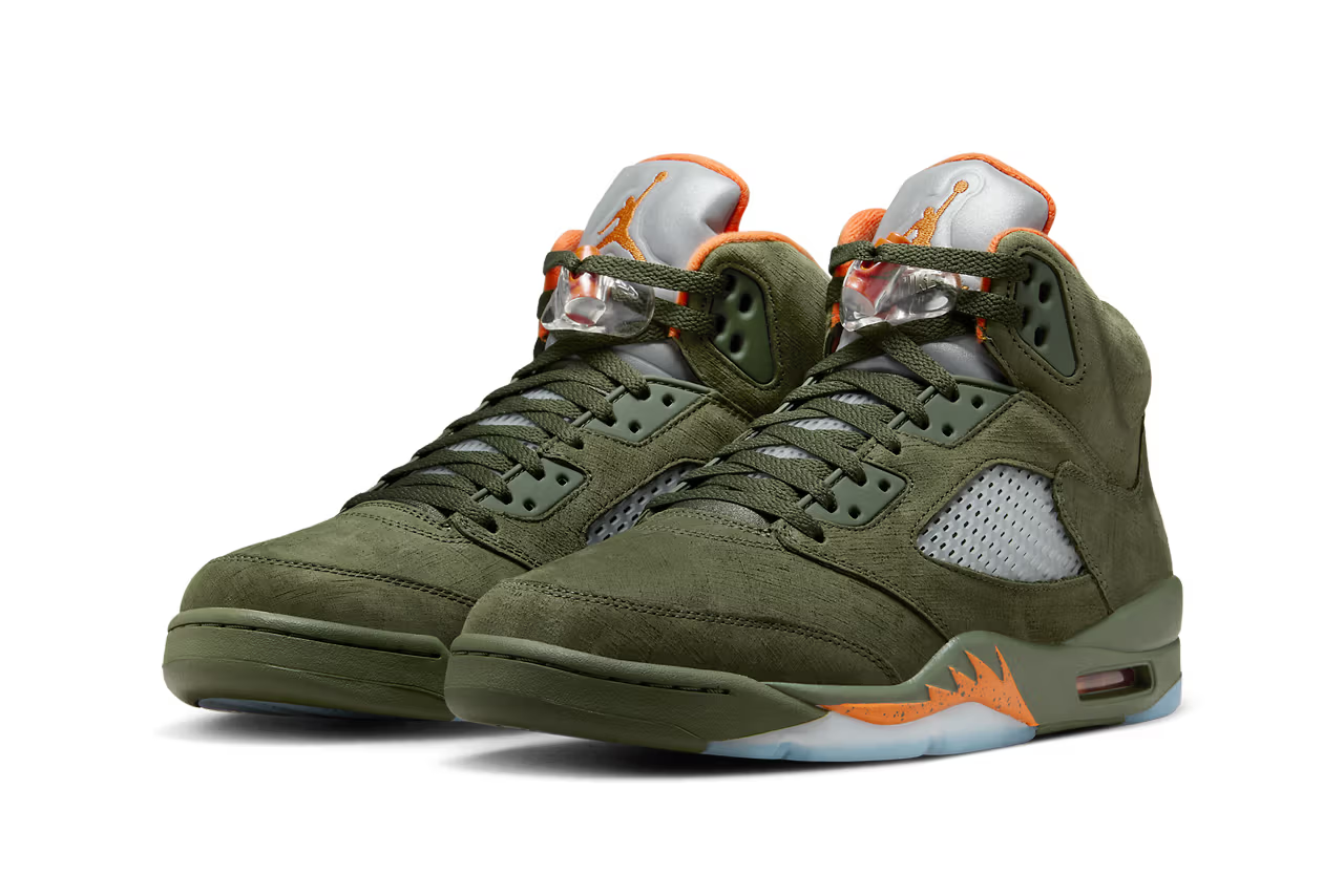 The legendary Air Jordan 5 "Olive" returns on March 9th, 2024. Boasting buttery suede, military-inspired vibes, and vibrant orange accents