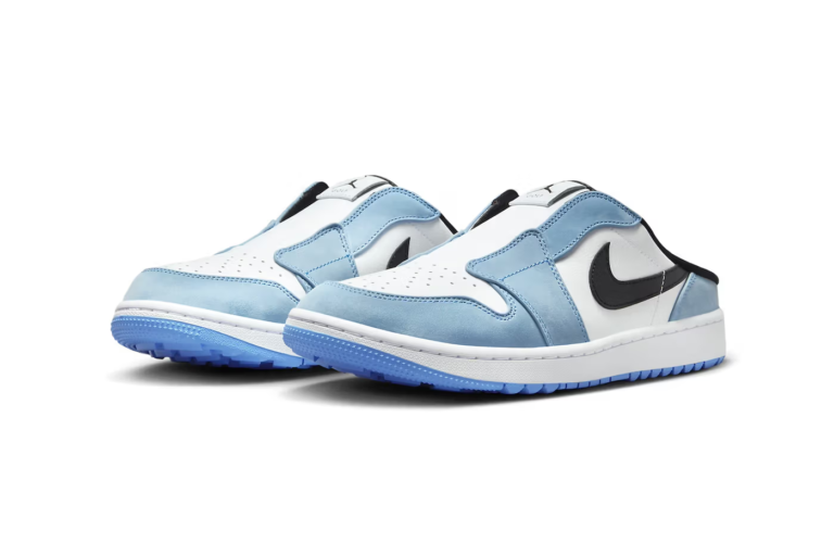 The Air Jordan Mule Golf in "University Blue" arrives this spring. Featuring memory foam cushioning, easy slip-on design, and a grippy outsole, it's perfect for on-course play or post-game relaxation.