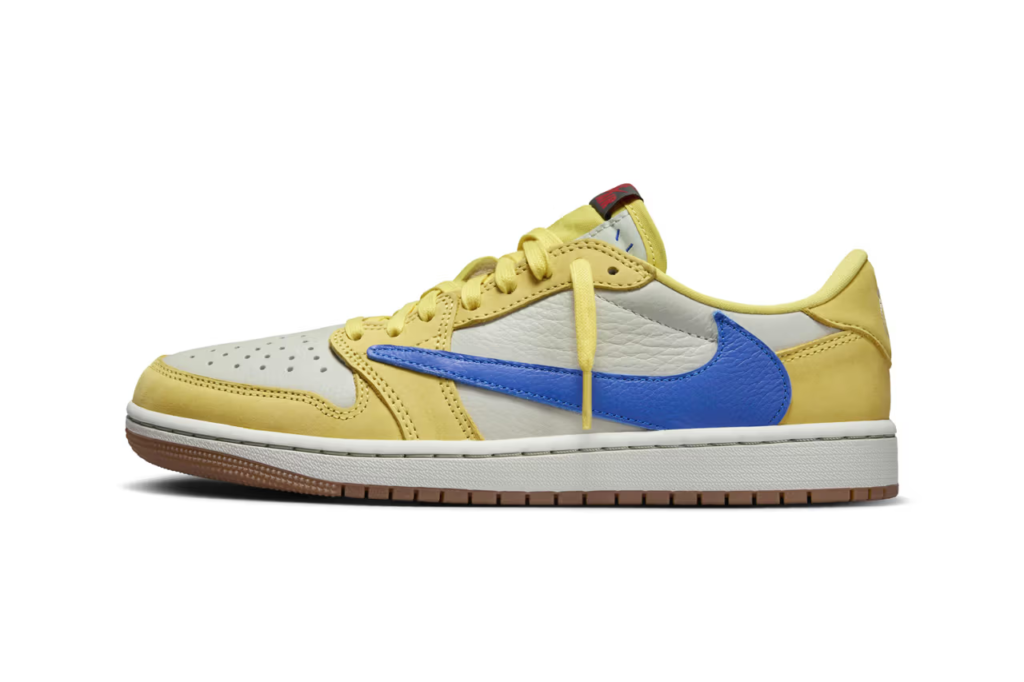 Official Image of Travis Scott x Air Jordan 1 Low OG "Canary." Inspired by his high school colors, these vibrant kicks land this summer for $150.