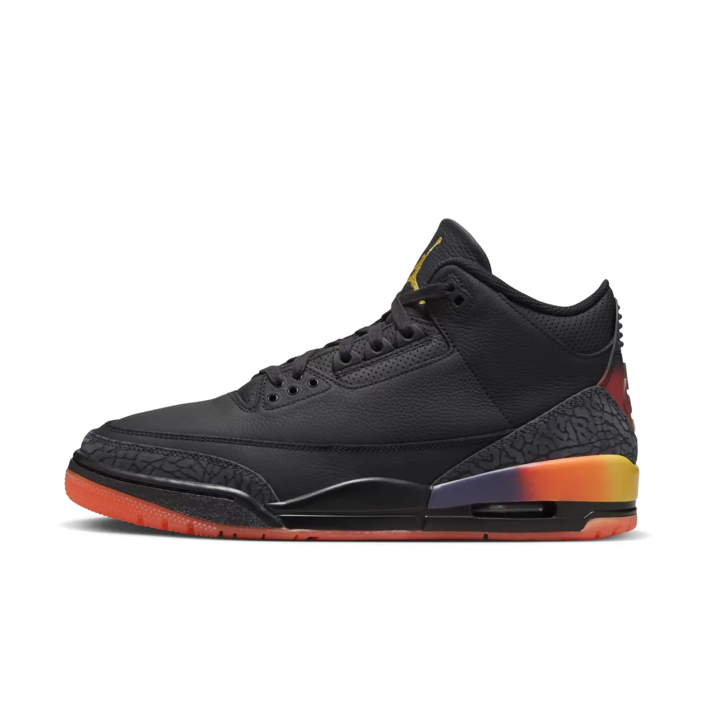 J Balvin's heartfelt tribute, the Air Jordan 3 "Rio," gets a closer look! Black leather with sunrise gradients honors his son. Drops May 22nd for $250 USD via Nike & retailers.