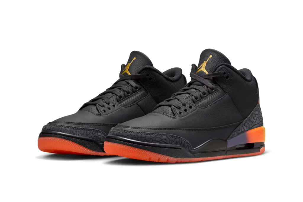 J Balvin's heartfelt tribute, the Air Jordan 3 "Rio," gets a closer look! Black leather with sunrise gradients honors his son. Drops May 22nd for $250 USD via Nike & retailers.